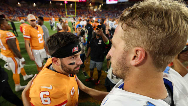 Detroit Lions quarterback Jared Goff greets Baker Mayfield